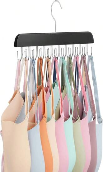 ZEDODIER Bra Hanger, Tank Top Hanger, Bra Hangers For Closet Organizer, Wooden Closet Organizer With 20 Adjustable Hooks, Space-Saving Storage For Bras, Tank Tops, And Belts, Black