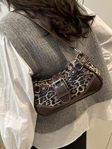 新款时尚搭扣豹纹手提包/单肩包，适合派对、外出、度假、购物和日常使用，可存放硬币、手机，也适合白领、大学生和上班族作为工作包，优雅女士包。 - 咖啡 - 查看 5