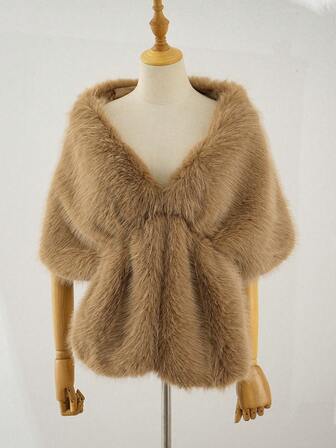 1件女士优雅时尚黑棕色仿毛皮披肩，柔软仿毛皮披肩，适合女性、新娘、参加派对、婚礼、晚宴等场合。