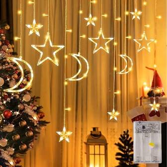 1件装星月造型窗帘灯 - 电池供电，暖色LED灯串，适用于新年/圣诞节/万圣节/斋月派对和聚会。星形、新月形和上弦月形设计 - 非常适合卧室装饰、店铺橱窗展示和作为礼物。