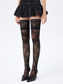 女士蕾丝性感长筒袜，及膝蕾丝花边透明黑白连裤袜，优雅丝袜 - 蕾絲襪01 - 查看 3