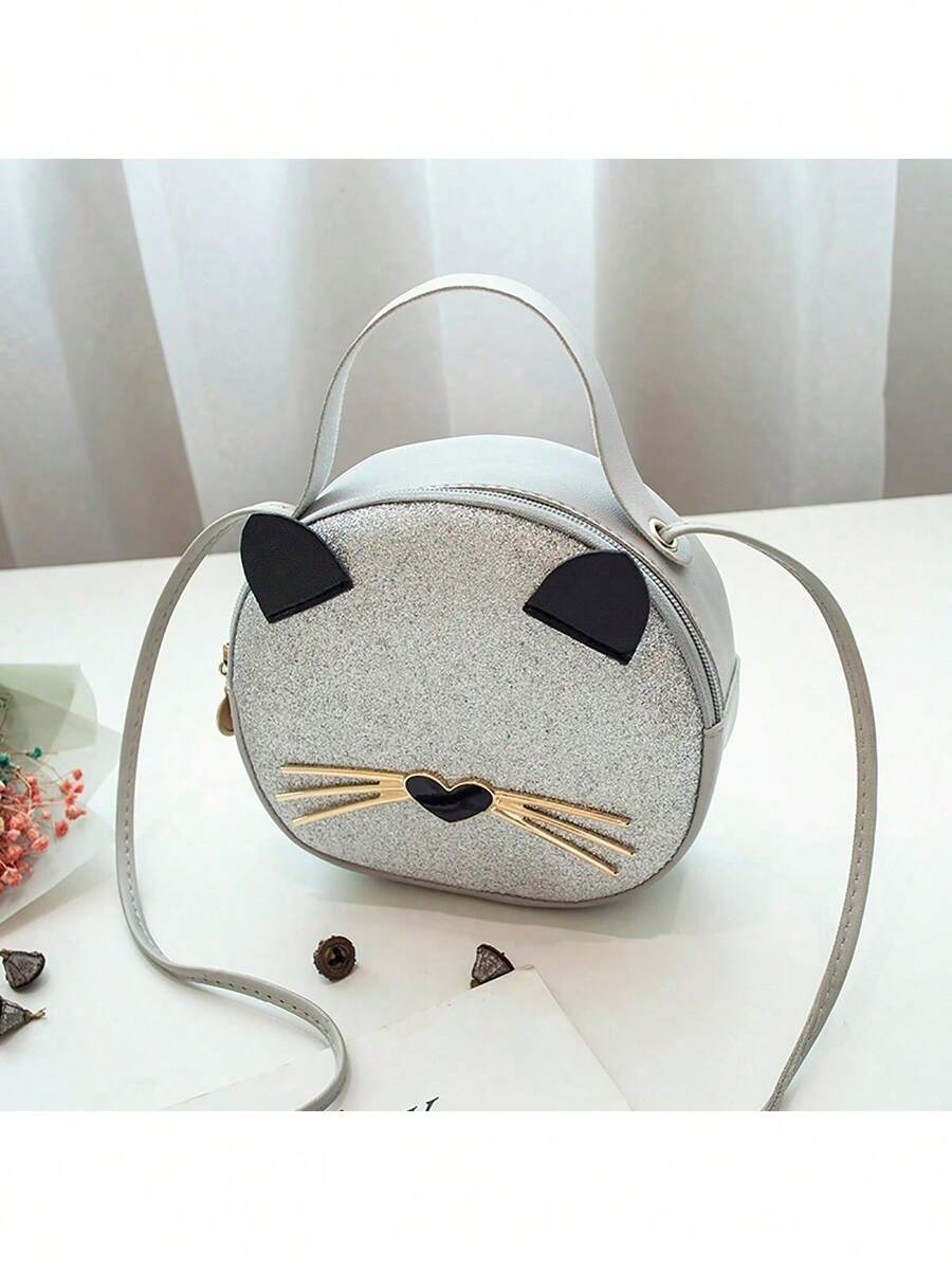 1 chiếc túi in họa tiết da báo mới cho bé gái, ví đựng điện thoại hình mèo bằng da PU, túi tròn nhỏ dễ thương và thời trang, món quà lý tưởng. - Bạc - Xem 1