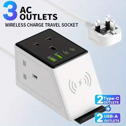 1pc 8-In-1 Power Board/Power Socket/Power Strip, Wireless Charging, 1.8m Extension Power Board, 3 AC Sockets, Maximum Power 3250W, 13A, 2 USB 2 Type-C, Suitable For Home, Office, Travel, Computers