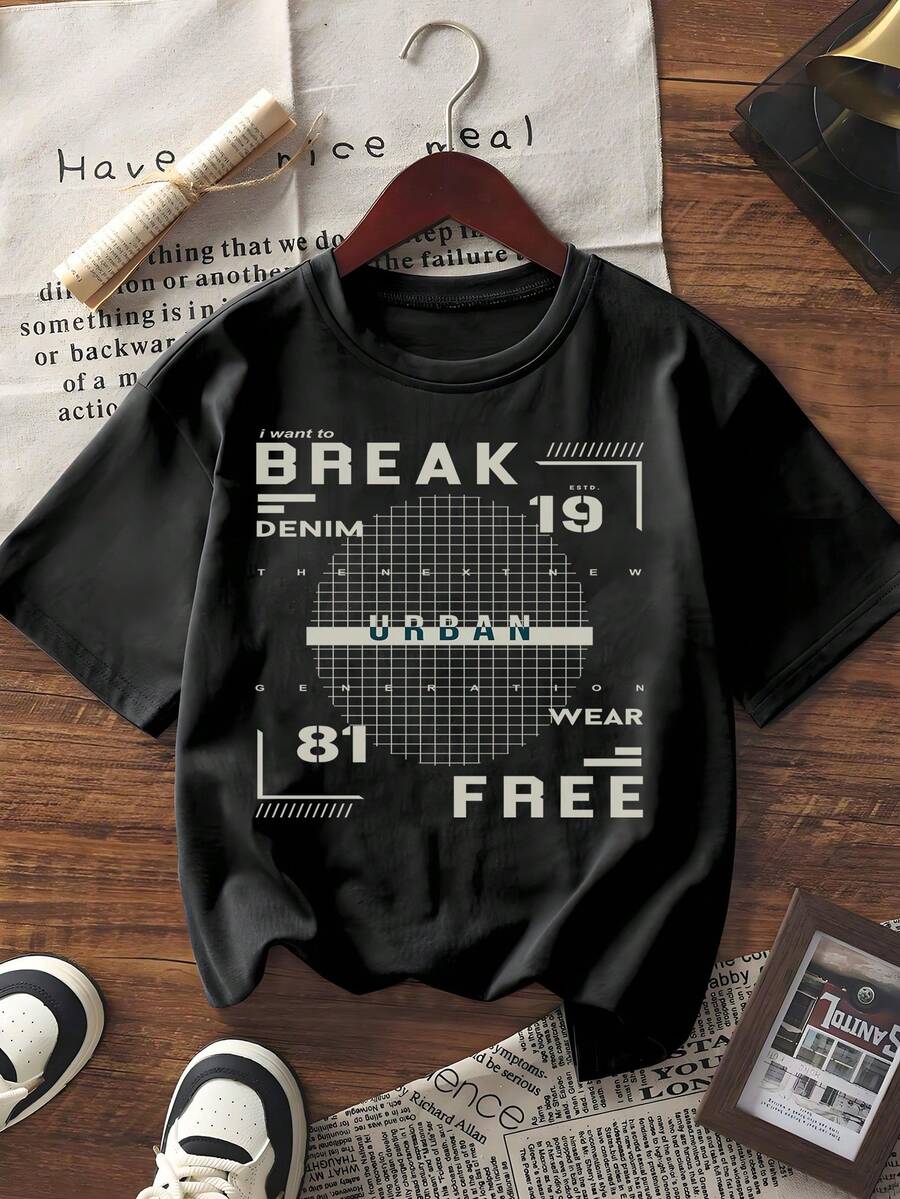 Camiseta de mujer con estampado gráfico Y2K, estilo retro callejero, BREAK DENIM 19 81 FREE, patrón de cuadrícula de letras, manga corta, casual de verano - Blanco - Ver 1