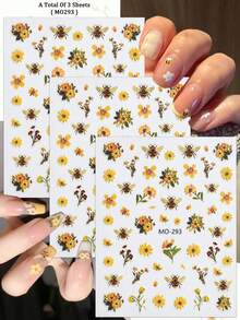 3 ark Daisy Bee nagelkonstklistermärken vita gula blommor 5D nageldekaler för vår sommar gör-det-själv manikyr