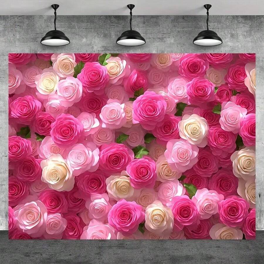 1pc Pink Rose Flower Photography Backdrop, Polyester Decoration For Valentine's Day, Wedding, Party - Multicolor - View 1