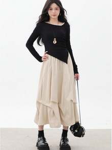 百褶A字裙，松紧腰，中长款，高腰显瘦，2026春季新款女装 - 杏色 - 查看 4