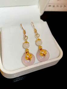 一对中国风粉色吉祥结耳环，优雅高端耳钩，适合宴会佩戴