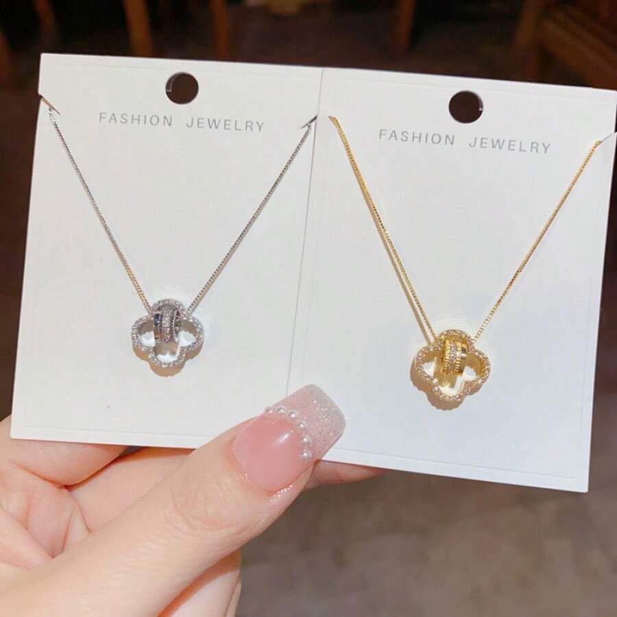 2026 Spring New Exquisite Fashion Micro Inlaid  Four-Leaf Flower Necklace Niche Light Luxury Small Waist Collarbone Chain For Women - F1807-銀色-鋯石四葉小蠻腰項鍊 - 查看 1