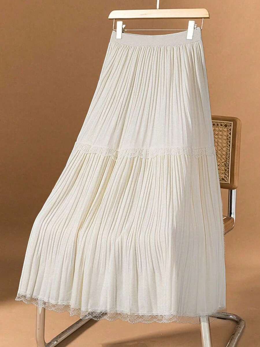 Luminous Wealth 女士优雅长裙 - 柔美蕾丝与天鹅绒拼接 A 字裙，松紧腰褶裥显瘦裙，适合日常及派对穿着，秋冬春季皆宜 - 杏色 - 查看 1