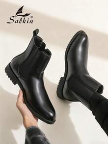 Salkin 复古设计师男士切尔西靴，套穿式，尖头设计，奢华中筒踝靴，男士柔软真皮靴，绅士商务正装鞋，休闲办公派对鞋，浪漫晚餐约会礼物，返校学生鞋，学院风，建议选大一码