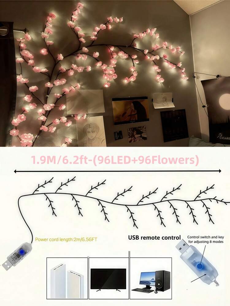 1 Peça Lâmpada de Galho de Cerejeira Artificial, Lâmpada Decorativa DIY Azul/Rosa Sakura, Alimentada por USB, 8 Modos de Iluminação, Luz Decorativa de Vime Flexível, Adequada para Sala de Estar, Quarto, Sala de Jogos, Decoração de Parede, Casamento, Dia dos Namorados, Dia das Mães, Festa, Decoração de Jardim - Multicolorido - Visão 13