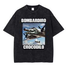 Men Clothing Brainrot Funny Meme T-shirt Tralalero Tralala Tung Tung Tung Sahur Bombardiro Crocodilo Brr Brr Patapim Washed - Negro - Ver 1