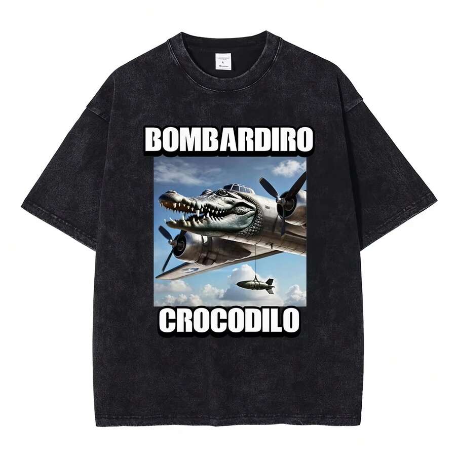 Men Clothing Brainrot Funny Meme T-shirt Tralalero Tralala Tung Tung Tung Sahur Bombardiro Crocodilo Brr Brr Patapim Washed - Negro - Ver 1