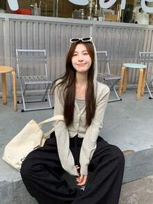 女士条纹连帽两用长袖针织衫，休闲百搭，春秋季 - 灰色 - 查看 4