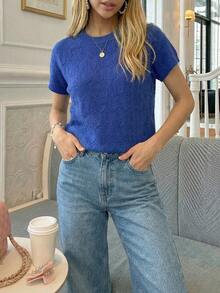 Blusa básica de punto holgada de unicolor con cuello redondo y sin mangas para uso casual y de oficina (patrón aleatorio) - Azul - Ver 4