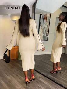 FENDAI Plus Size Women's Spring/Summer New Dress, Spring/Summer Purple Matching Tight-Fitting Elegant Knit, Contrast Binding Edge Stitching Design, Slit Cuffs, Front Button Decor, Suitable For Commuting, Party, Valentine's Day Outfit - Apricot - View 3