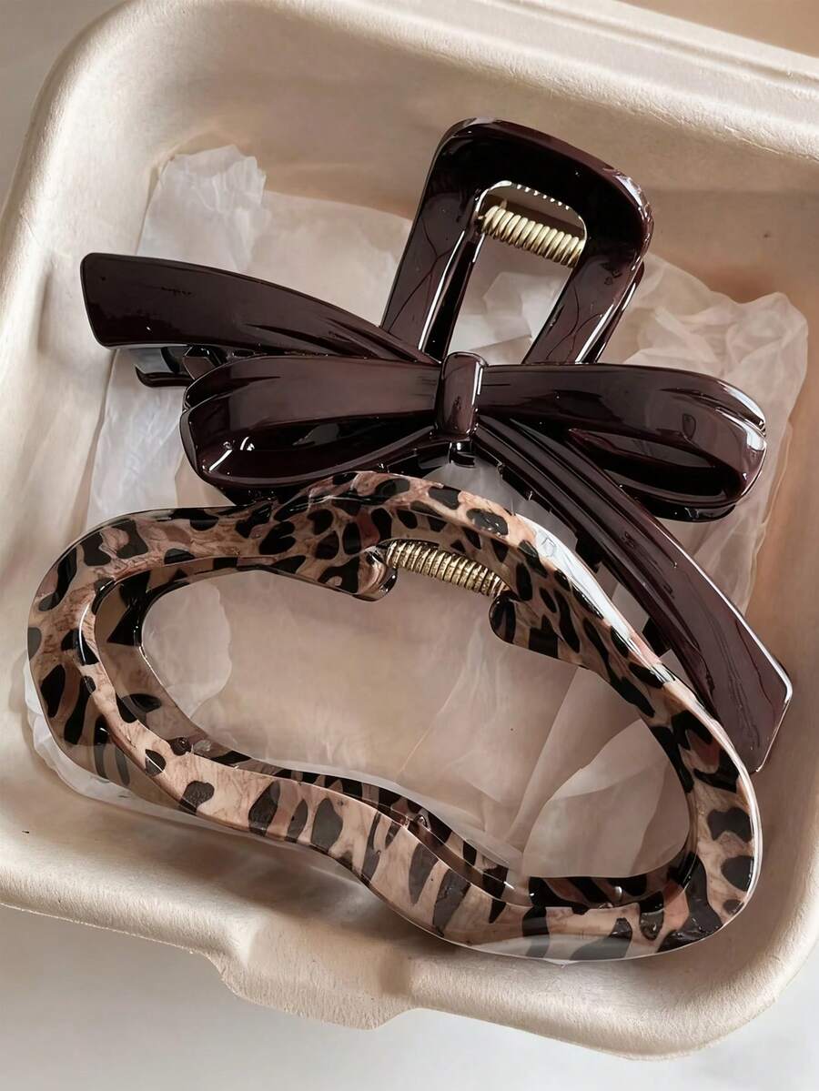 2个/1个女士4.33英寸/11厘米豹纹玳瑁塑料发夹，时尚百搭优雅简约纯色发爪，适合日常、休闲、派对、通勤、海滩、丸子头、马尾辫、洗脸、化妆等场合，可作女士发带、冬季发饰、女士爪夹、夏季度假发夹。 - 彩色 - 查看 1