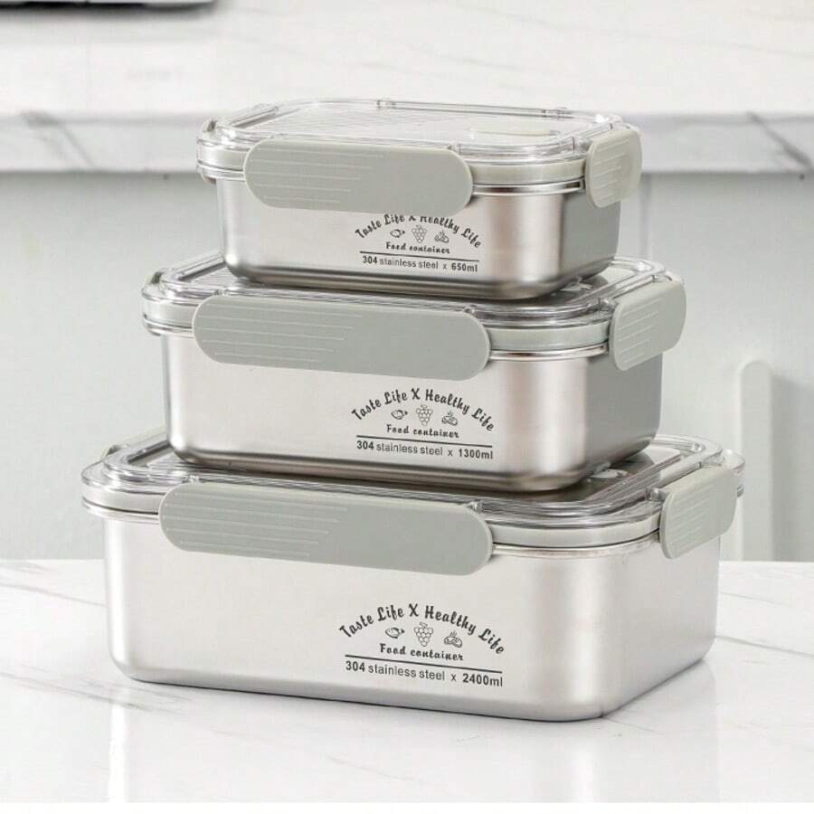 Kotak Penyimpanan Makanan Stainless Steel 304, Kedap Udara, Anti Bocor, Dengan Tutup, Kapasitas Besar, Kotak Penyimpanan Kulkas, Bentuk Persegi Panjang, Terbagi, Kompatibel dengan Freezer. - MultiWarna - View 1