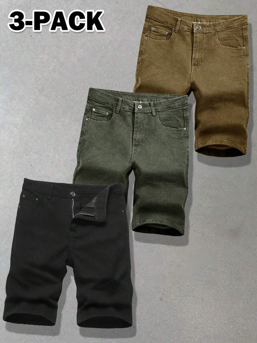 3-Pack Men's Casual Solid Color Summer Versatile Denim Shorts - Đen + Xanh lá cây + Màu kaki - Xem 1