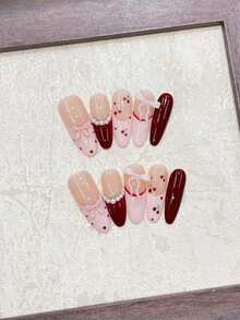 Crispy And Sweet Cherries At Your Fingertips! Y2K Style 10pcs Handmade Nails Oval Long Pointed Nails Pink And Red Color-Block French Manicure With Hand-Painted Cherries, Red Polka Dots, White Small Pearls, 3D Pink Bow Decoration. Cute And Playful, Suitable For Dates, Gatherings With Friends, Outings, And Vacation Wear. Brightening And High-End Feel, Reusable Handcrafted Press-On Nail Set With Jelly Glue And A Mini Nail File. Nail Supplies Handmade Press On Nails - Pink - View 7
