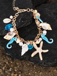 Opalesca 1 pieza Pulsera de estilo bohemio con decoración de estrella de mar de aleación y perla para mujer, playa de verano - azul real - Ver 4