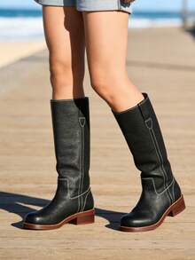 Women Campus Knee High Boots Square Toe Riding Boots Vintage Pull On Riding Boots Wide Calf Boots Chunky Block Low Heel Moto Boots - 黑色 - 查看 2