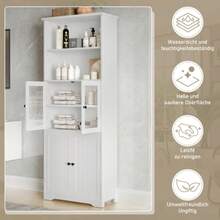 57.4 X 28.5 X 160cm Badezimmer-Hochschrank Mit Stauraum, Volllackierung, Glasschranktür, Holzschranktür, Zwei Offene Ablagefächer, Verstellbare Trennwände, Einfache Textur, White - White - View 8