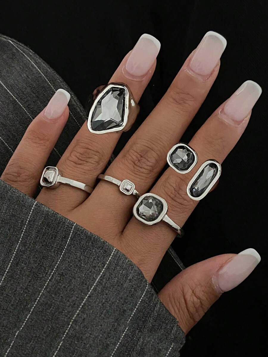 1-3pcs Asymmetric Grey Acrylic Rhinestone Geometric Ring For Women Minimalist Design Silver Color Square Finger Rings Daily Wear Jewelry