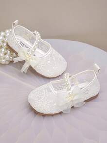 1 Pair Girls' New Fashion Elegant Minimalist Pearl Embroidered Mesh Breathable Handmade Pearl Bow Decor Elastic Band Floral Trim Soft Comfortable Non-Slip Flat Princess Sandals, Suitable For Dresses, Piano Performance, Spring/Summer/Autumn - Red and White - View 5