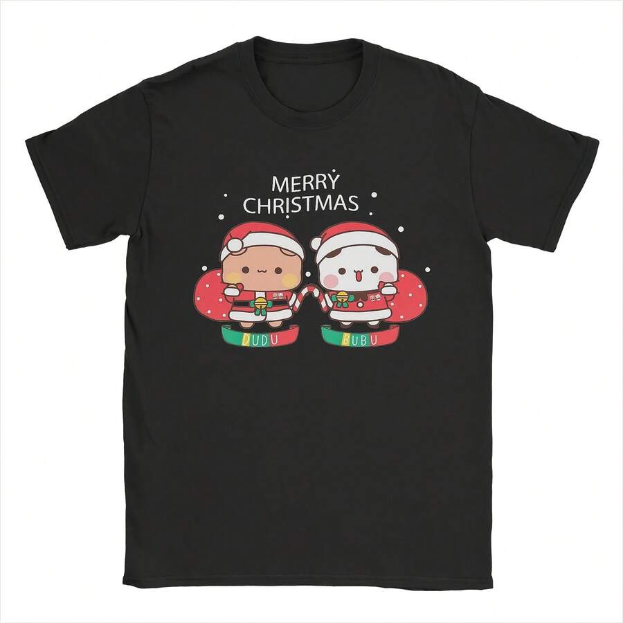 Men Bubu Dudu Xmas Merry Christmas T Shirts Pure Cotton Clothing Humor Short Sleeve Round Collar Tees Plus Size T-Shirts - 黑色 - 查看 1