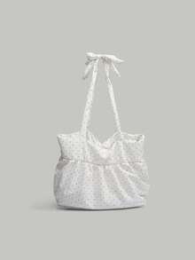 Korean Style Dot Pattern Canvas Tote Bag, Large Capacity Foldable Shoulder Bag For School/University, Suitable For Students, Wrinkle Ruffle Cloud Tie Strap Design - White - View 4