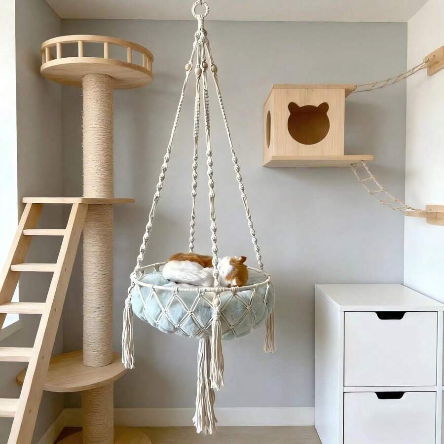 1pc Macrame Cat Hammock, Bohemian Style Hanging Cat Bed, Handwoven Fiber Art Cat Perch Swing, Suitable For All Seasons - Cushion Not Included - Beige - View 1