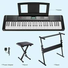 61-Key Keyboard Piano Kit With Stand & Stool, Digital Keyboard E Piano With 300 Sounds, For Beginners, Children's Keyboard, 3-Level Learning Mode, LCD Display, Music Stand