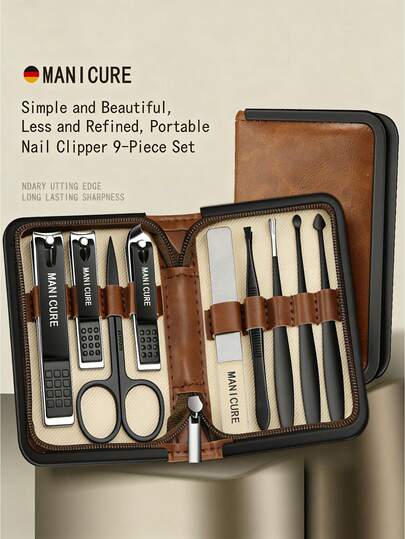 Juego de cortaúñas, nuevo cortaúñas marrón-negro, cortaúñas negro mejorado y tijeras para cejas, herramientas multifuncionales de cuidado facial y de manos para uso doméstico, con estuche de viaje, disponible en sets de 6/9/16 piezas