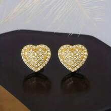 1 par de pendientes de botón con forma de corazón y rhinestones minimalistas y elegantes, adecuados para uso diario, Día de San Valentín, boda, fiesta y otras ocasiones - Pendientes de lujo en forma de corazón - Ver 9