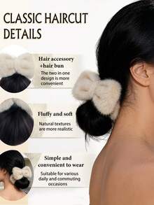 低发髻合成爪夹毛绒天鹅绒蝴蝶结发髻鸡毛发夹发髻，蓬松后脑勺假发发饰 1 件装时尚发夹秋季配饰秋冬度假装扮女装 - 彩色 - 查看 7