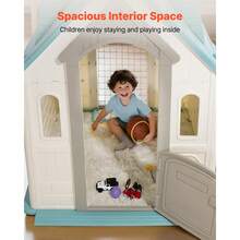 Outdoor Playhouse, 5-In-1 Cottage Play House With Pretend Play, Basketball, Darts, Soccer, Ring Toss, Window & Convenient Door, Toddler Slide Set For Aged 2+, Smooth Edges, Polypropylene Plastic - 1-2m³ Closed Type - View 5
