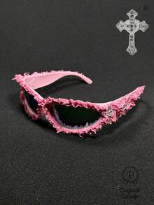 Diamond Heart Cross 1pc Futuristic Punk Rock European & American Party Hip Hop Fashion Glasses, New Drip Glue Asymmetrical Fashion Glasses, Personalized Drip Glue Hip Hop Street Dark Cyberpunk Fashion Glasses, Large Asymmetrical Frame European & American Dark Style Personalized Fashion Glasses, Party Drip Glue Goggles, Street Fashion Glasses, Handmade Drip Glue Spiky Punk Cool Fashion Glasses
