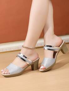 女士夏季时尚黑色纯色高跟凉鞋，户外休闲一脚蹬穆勒鞋，舒适妈妈鞋 - 銀色 - 查看 3