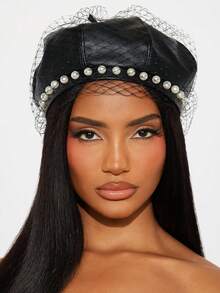 1pc Beret Hat, Leather Hat, French Retro Beret, Unique Design, Fashion Versatile, Pearl Lace Decor, Minimalist Casual Pumpkin Hat, For Women - Multicolor - View 1