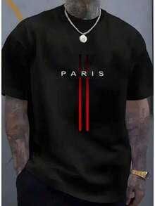 Men's Striped Paris Short Sleeve Printed T-Shirt, 30.1 Cotton Knit, Premium Casual Style, Spring/Summer - 黑色 - 查看 2