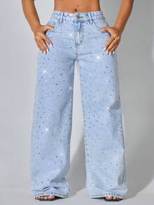 低腰阔腿休闲蓝色斜插口袋弧形女式牛仔裤，饰有水钻刺绣，春季款 - 淺藍色 - 查看 6