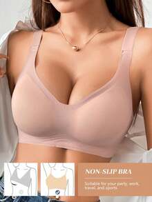 Soutien-gorge sans couture rembourré sans fil à couverture intégrale de couleur unie pour femmes, confortable et doux, avec coussinets amovibles, style de base avec une touche sportive - Rose bonbon - Voir 4