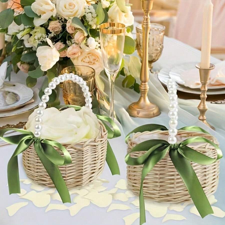 Handgeflochtener Rattan Perlen Prinzessinnen Korb, tragbarer Blumenkorb, Prinzessinnen Korb geeignet für Hochzeiten, Perlengriff geflochtener Korb, Picknick Aufbewahrungskorb, geeignet für Ostern, Hochzeitsfeiern und Partys, geeignet für Neujahr, Valentinstag, Partyveranstaltungen - Verschiedenfarbig - Übersicht 1