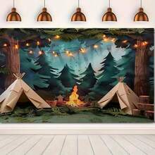 1pc Forest Scene With Tent And Campfire, Photography/Camping Backdrop, Party Background - Multicolor - View 4