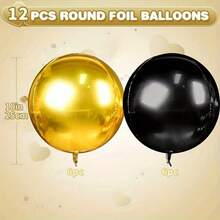 12pcs 12-Inch Round Luxury Black And Gold Party Metal 4D Balloons, Essential Black And Gold Party Decor For Celebrations, Ideal Black And Gold Party Decor For Adult And Kids Celebrations - Black Gold - View 2