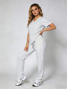 Fade Proof Scrub Set With V Neck Top And Straight Leg Pants Offering Nine Pockets And A Comfortable Fit - trắng - Xem 3