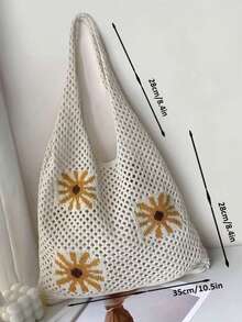 1pc Knitted Tote Bag With Chrysanthemum Pattern, Partial Jacquard Chrysanthemum Knitting Craft, Women's Shoulder Bag, Polyester Material - Multicolor - View 4