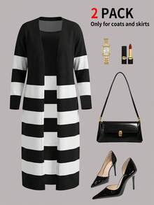 Women 2 Pcs Black And White Striped Dress & Long Cardigan Set, Spaghetti Strap Bodycon Midi Dress, Open Front Knit Cardigan - Black - View 3